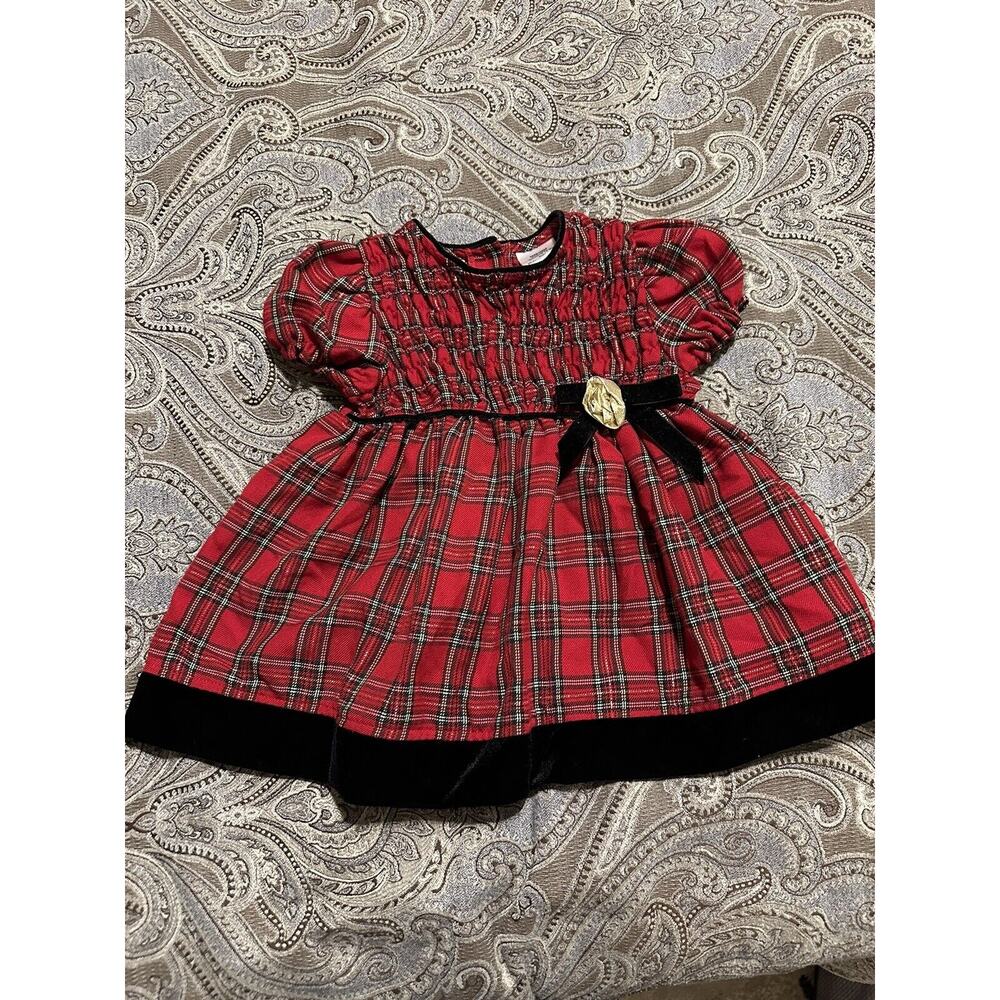 Rose Cottage Baby Girls Christmas Dress 12 M Velvet Trim Tartan Plaid Skirt